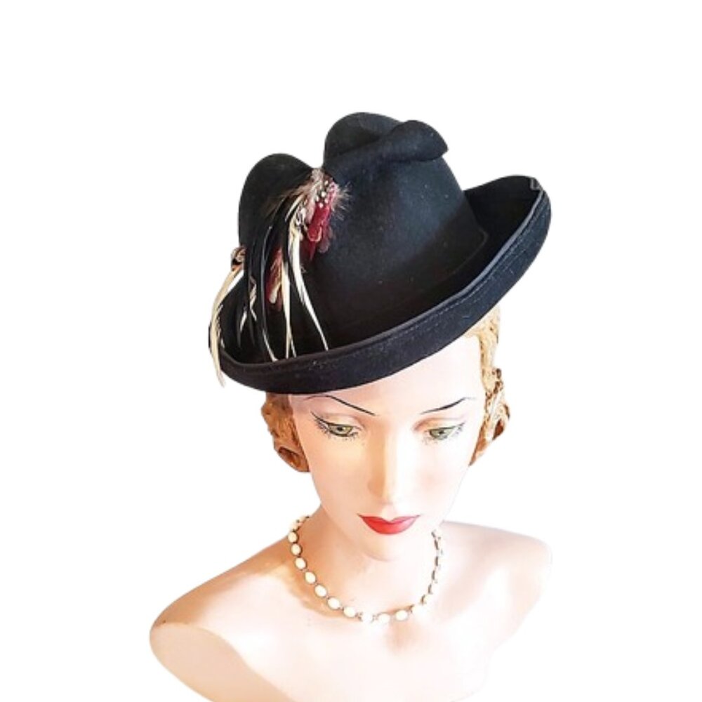 1960s Black Vintage Men's Look Fedora Style Formed Felt Hat Feathers Brimmed - Picture 3 of 9